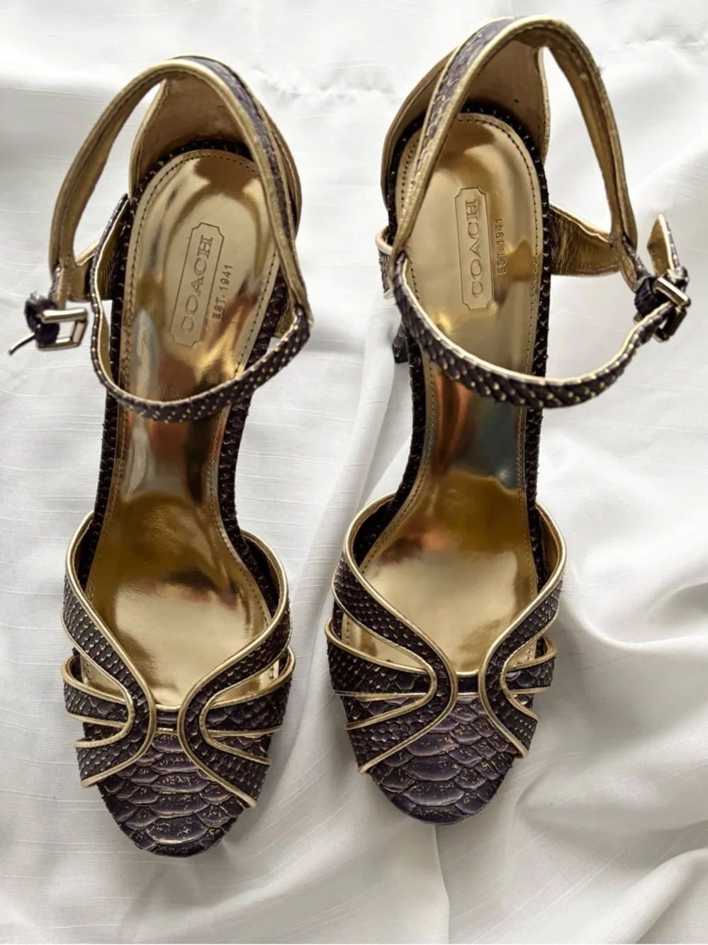 COACH Gold and Brown Embellished Women's Ankle-Strap Heels